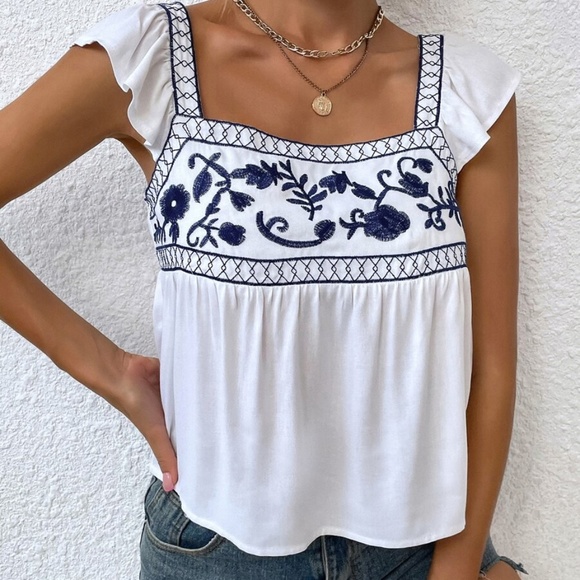 Boho Floral Embroidered Ruffle Sleeve Blouse - Picture 2 of 4